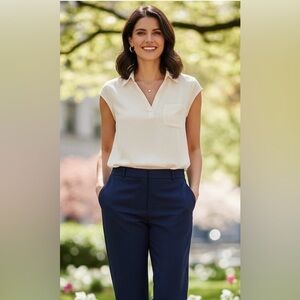 And B off white/cream sleeveless slit neck blouse, great condition, M